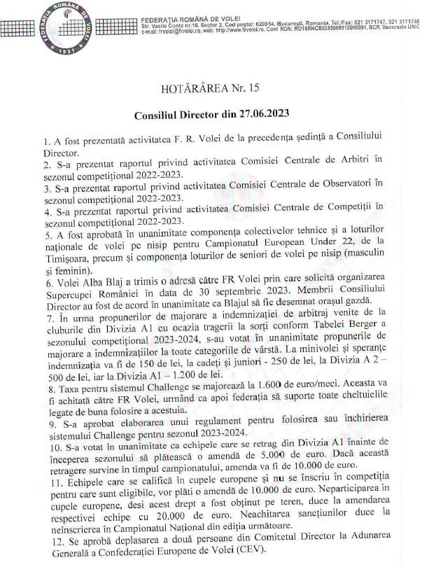 Hotărârile Consiliului Director al FRV din 27 iunie 2023 1 - FRVolei Hotarari 1 1 - FRVolei